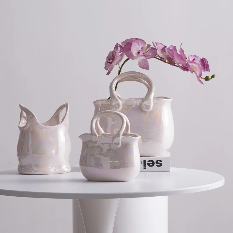 Ceramic Vase Package Shape Handle Colorful Luster Handicraft Ornaments Home Furnishing Decoration Vases Pots