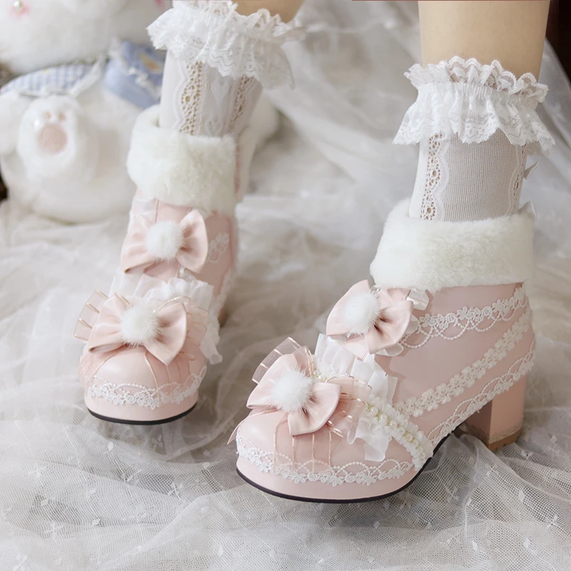 

Original Lolita Cute Plush Ball Plush Warm Short Boots Lolita Shoes Sweet PU Girls' Shoes