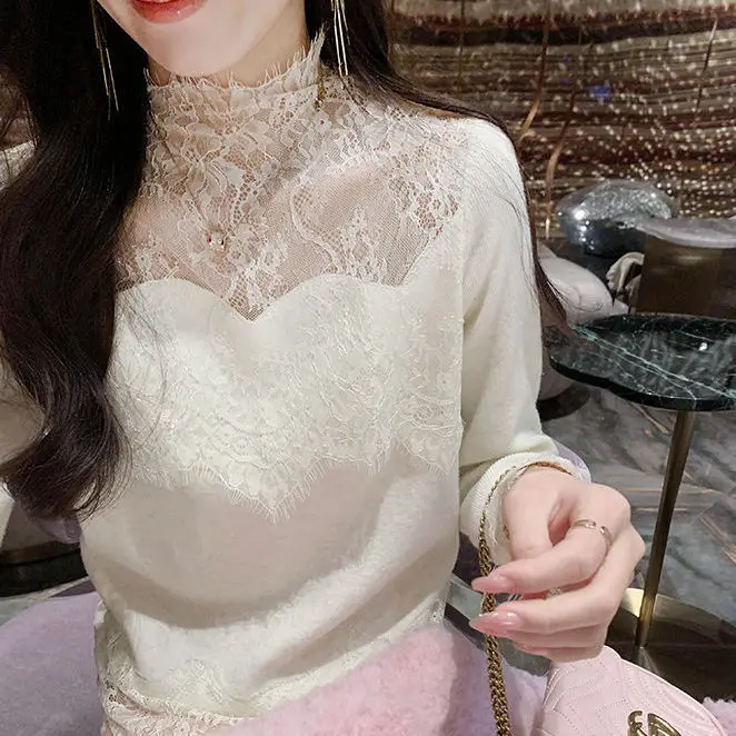 

European High-neck Long-sleeved Lace Chiffon Shirt for Women Spring New Style Hollow Design Niche Style Inner Top