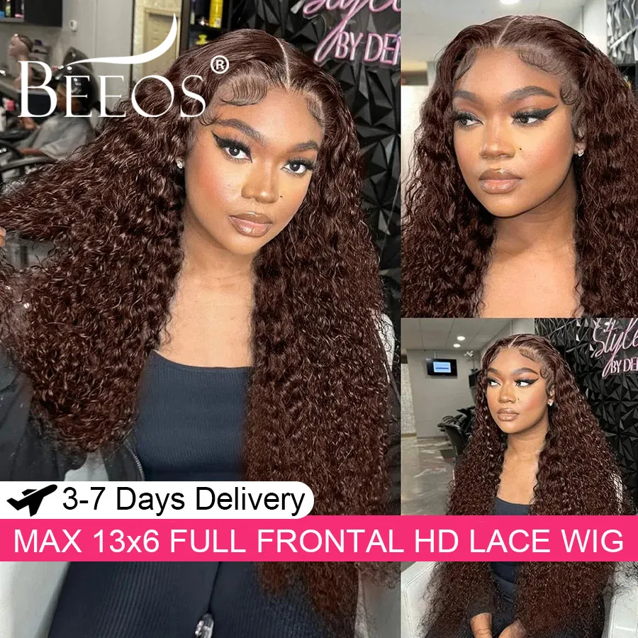 Ultra Eng Anliegende Dunkelbraune 13X6 HD Transparente Lace Full Frontal Perücken Echthaar Wasserwellen Farbige Lockige Perücken 100% Echthaar Remy