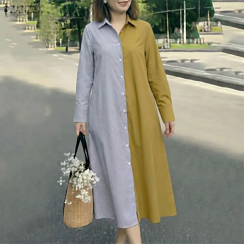 ZANZEA Women  Autumn Maxi Long Dresses Long Sleeve Shirt Dress Asymmetrical Stripe Colorblock Button Down Casual OL Work Robes
