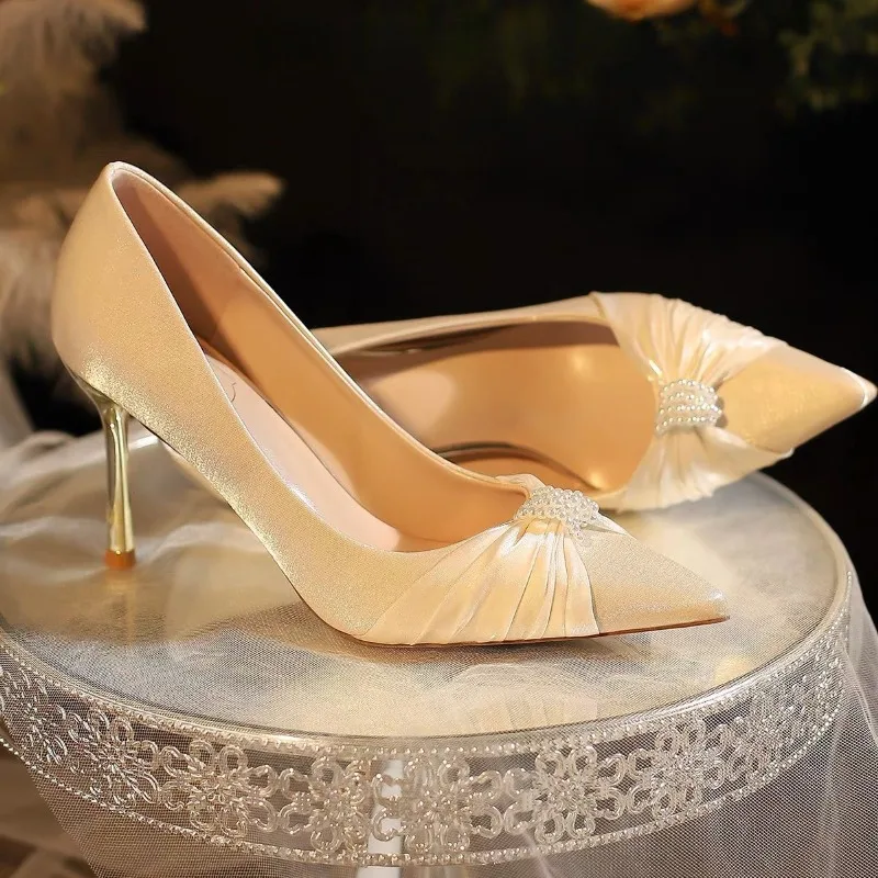 Autumn New Pointed Toe Shallow Mouth Cloth Surface Anti-Slip Wear-Resistant High Heels Beaed Slip-on Slim Heel Single Shoes