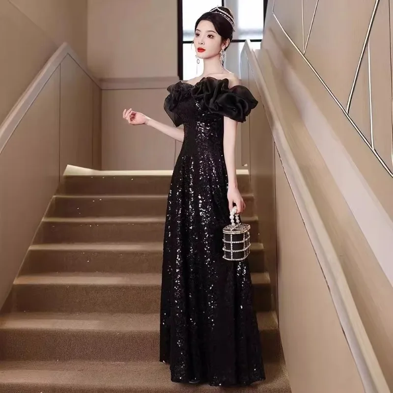 أسود مطرزة ثوب مسائي فرنسي كتف واحد هدية عيد ميلاد ألف خط ثوب التخسيس المضيف مأدبة ثوب مسائي 2026 نمط جديد