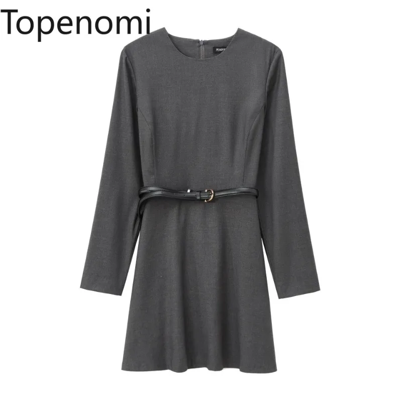 Topenomi 2024 Autumn Short Dress Women Gray O Neck Belt Waist Long Sleeve A-line Dresses Elegant Fashion Office Party Vestidos