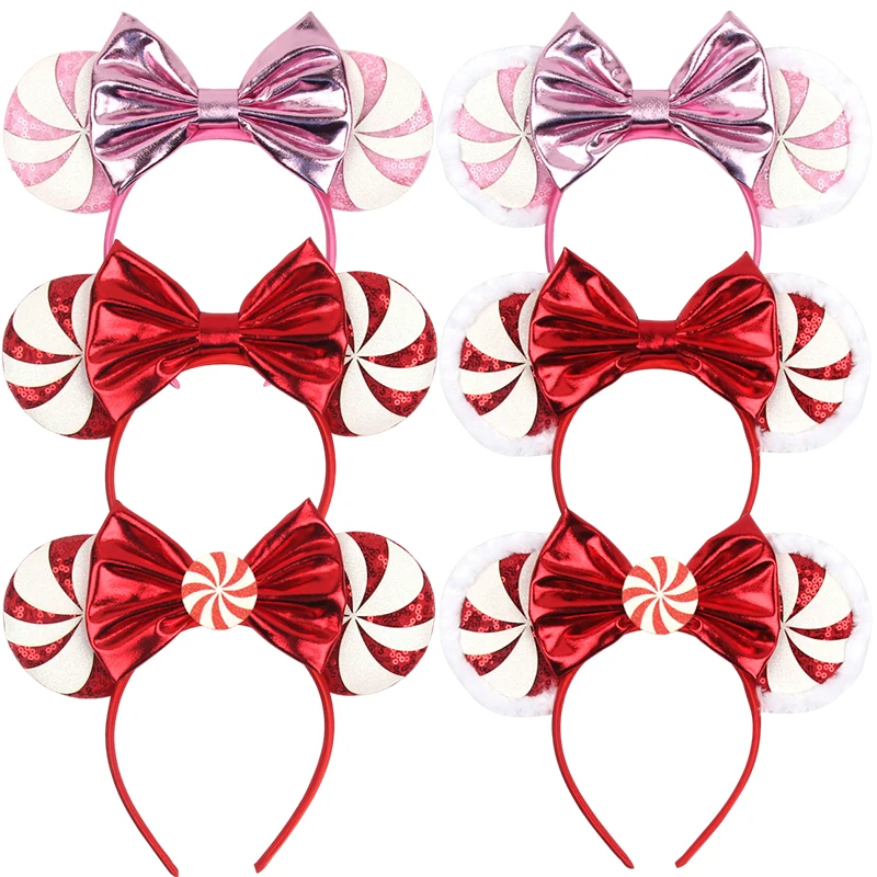 Disney Mickey Mouse Lollipop Candy Cane Ear Christmas Headband for Adults Girls Kids Hairbands Women Plush Bows Hair Accessories