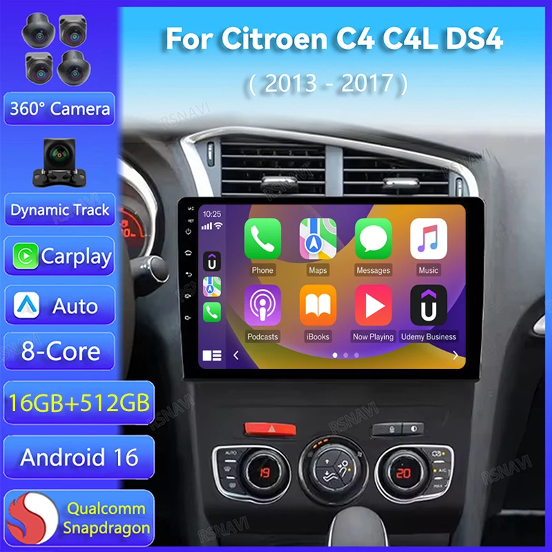 Android 16 Carplay Auto Car Radio For Citroen C4 C4L DS4 2013 - 2017 Navigation GPS Multimedia Player Video Stereo WiFi+4G 2Din
