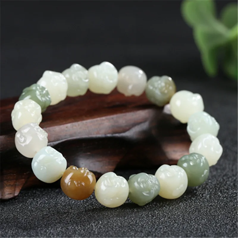 Natural Xinjiang Hetian Bracelet Men's and Women's Smiling Maitreya Buddha Head Jade Multi Jewels Bracel