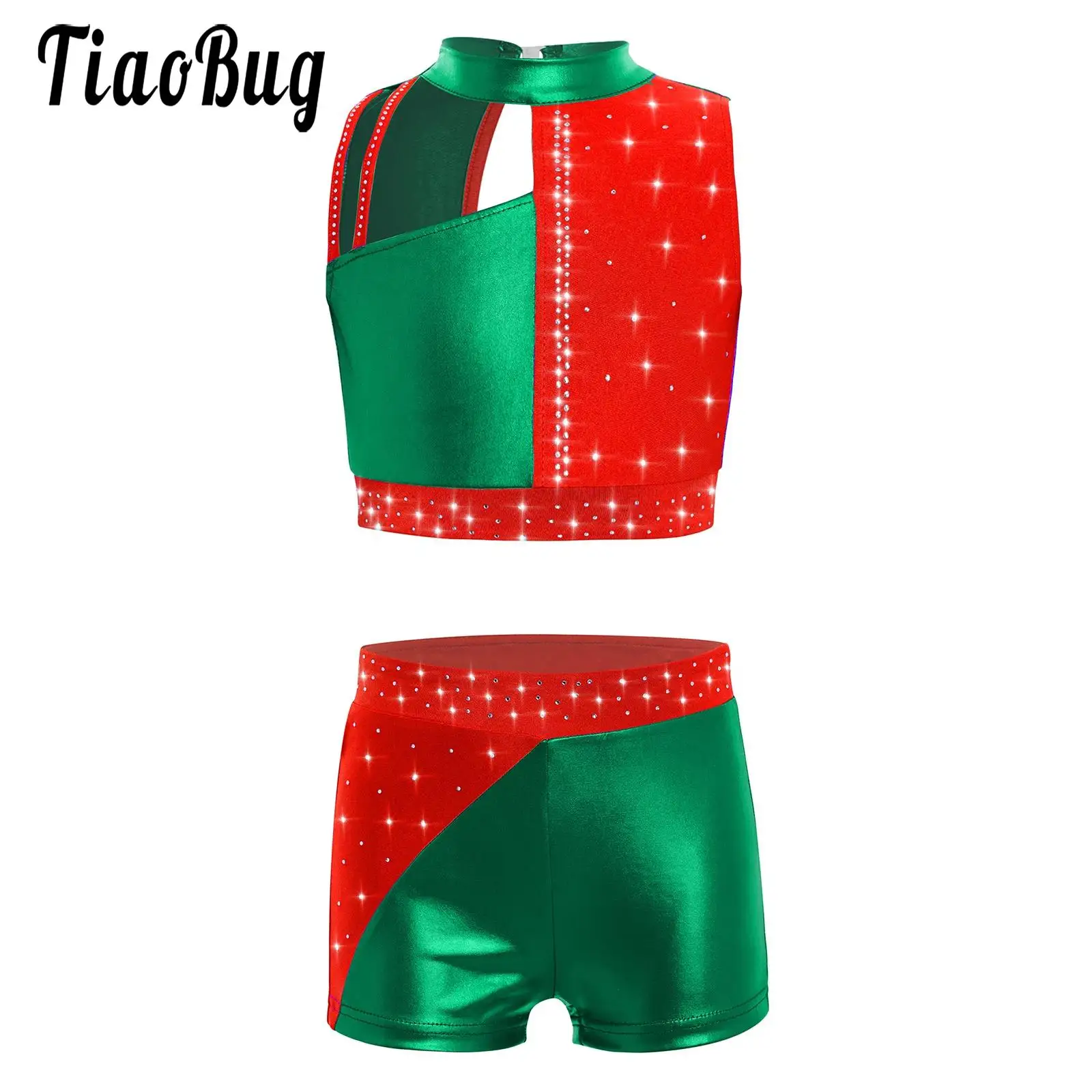 Kids Girls Figure Skating Gymnastics Dance Outfit Jazz Modern Dance Costume Sleeveless Rhinestones Metallic Crop Top with Shorts