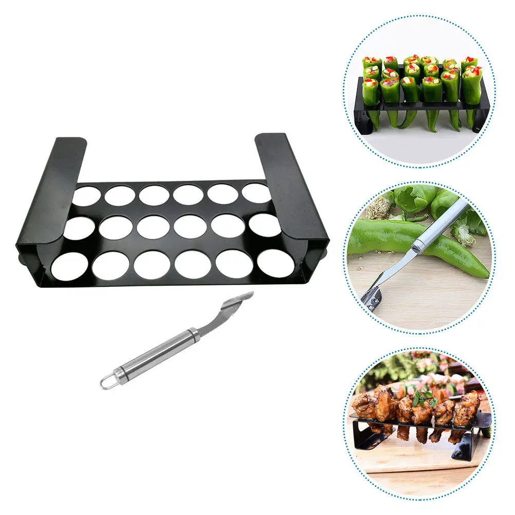1Set Stainless Steel Pepper Grill Rack with Handle and Corer for Grilling Jalapenos Chicken Drumsticks Wings Fish Outdoor