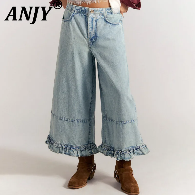 

ANJY 2026 Spring Autumn New Women Tide Punk Washed Lace Mid-Waist Straight Jeans Vintage Calf-Length Cropped Denim Pants A20190