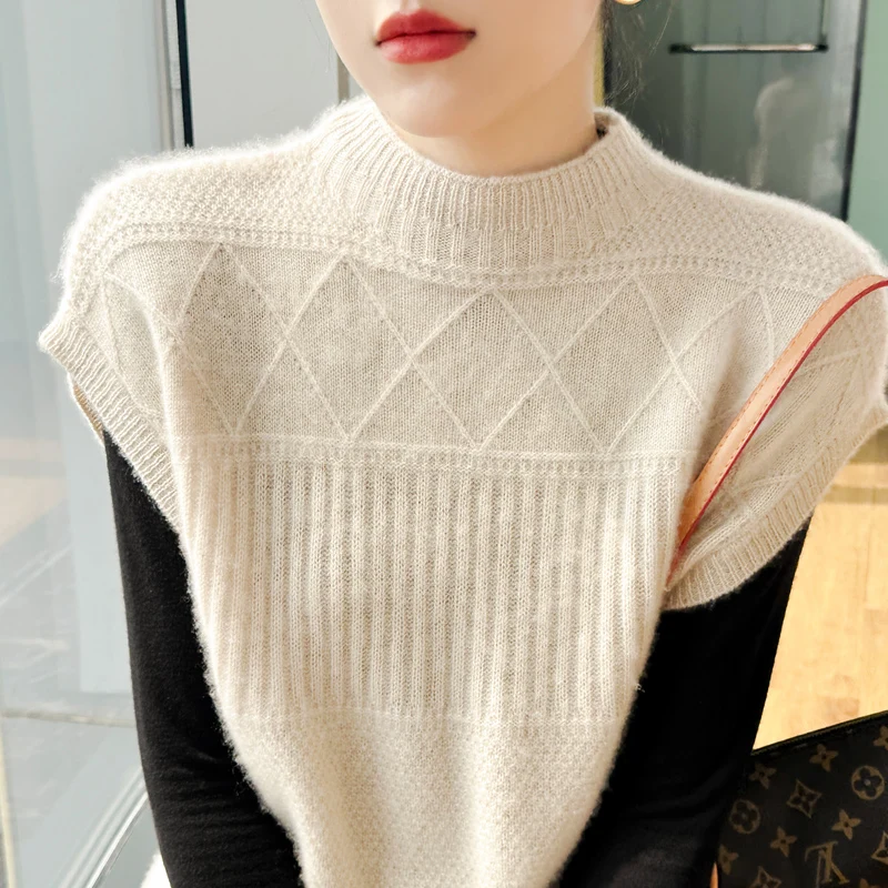 Half High Neck Sleeveless Wool Knit Vest For Women In AutumnWinter Solid Color Fashionable Warm And Loose 100%MerinoWool Sweater