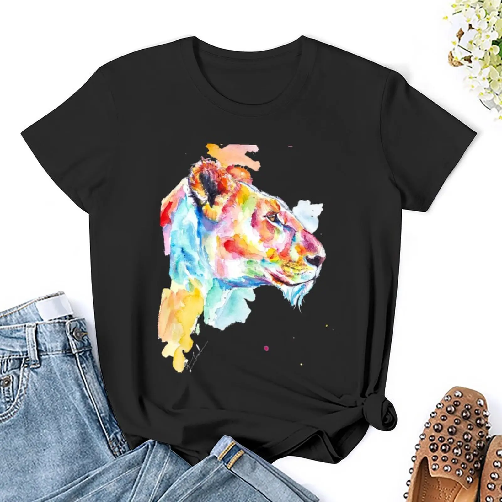 Watercolor lioness in colorful T-Shirt cute clothes Short sleeve tee Women's tee shirt