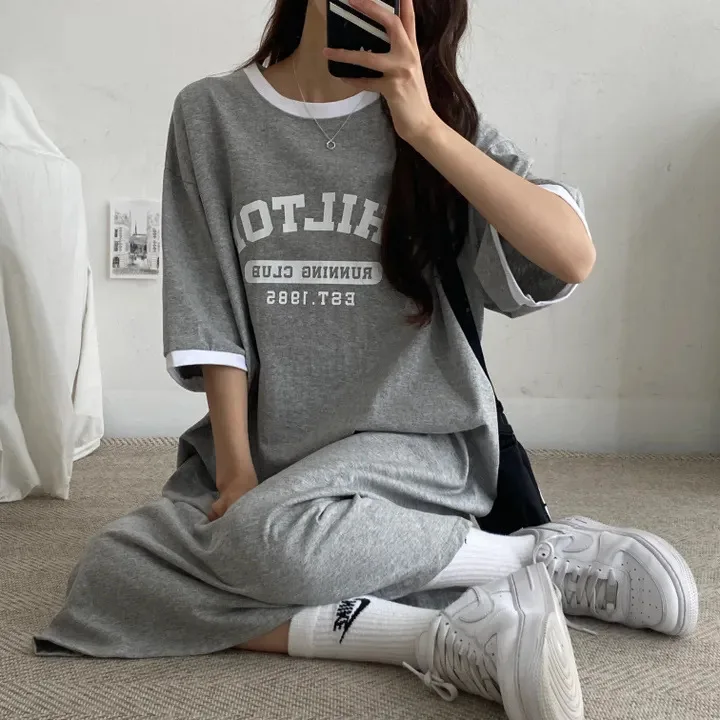 

Summer Trend New Women o neck Dress letter printed Loose Short sleeved casual Long T-shirt lady Skirt dress streetwear 2024