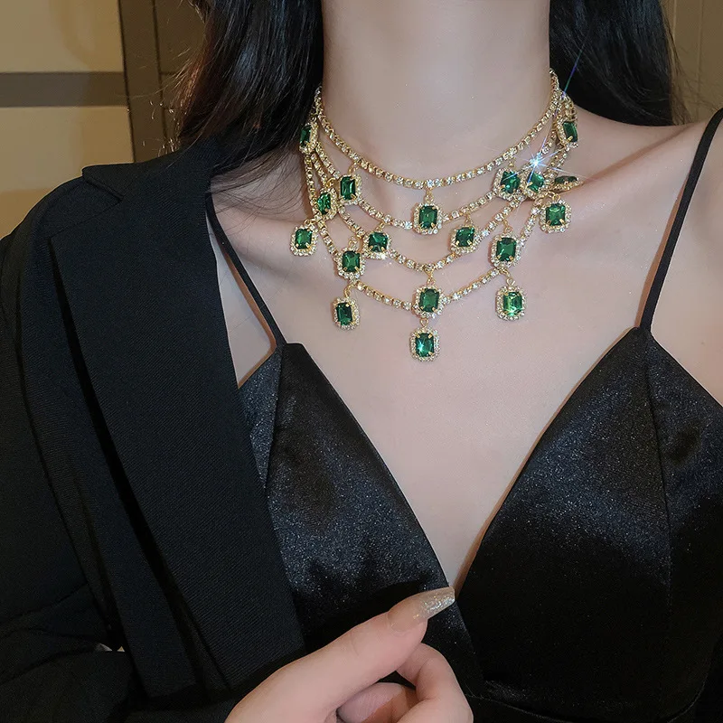 Luxury Crystal Jewelry Sets for Women Bridal Blue Stone Zirconia Emerald Green Necklace Earrings Wedding Party Gift