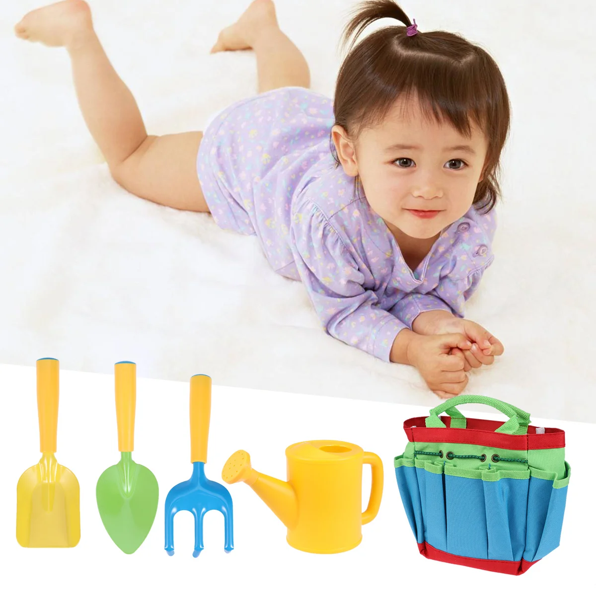 1Set Kids Gardening Set Garden Instrument Includes Watering Pot Shovel Rake Bag Gardener Set for Pretend Play and Learning