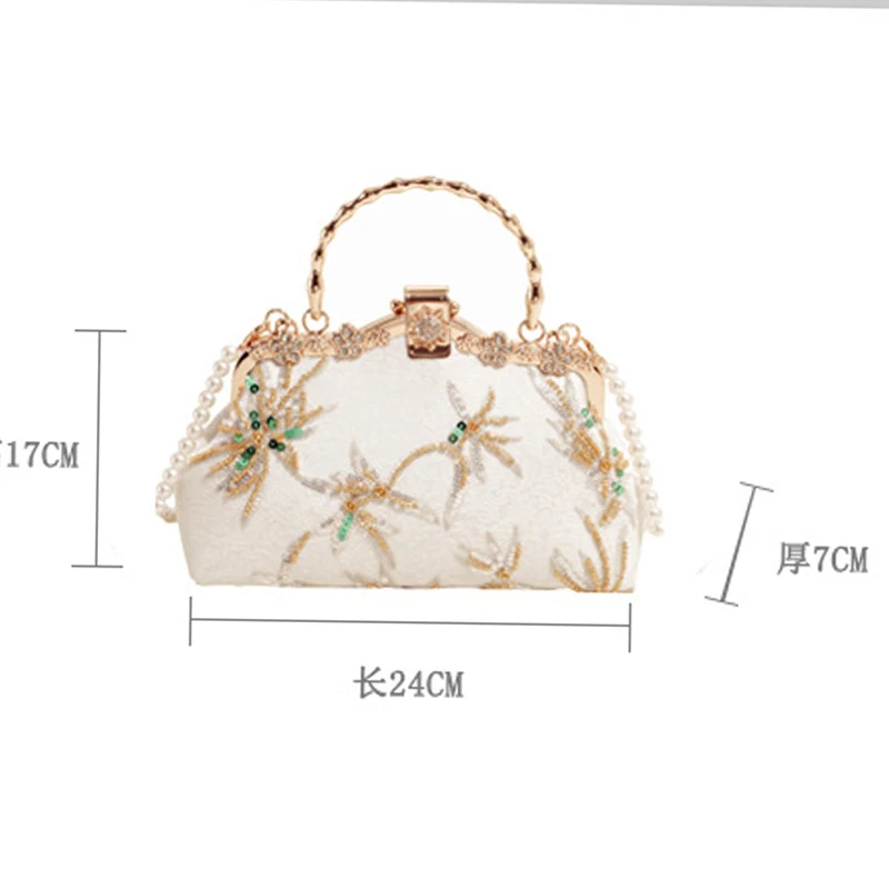 Retro Chinese Style Beading Embroidery Shell Evening Bag For Women Metal Handle Handbags For Women Prom Party Chain Shoulder Bag