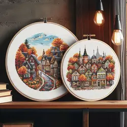 Circular landscape autumn  34-34 Cross Stitch Kit 14CT 16CT Count  Fabric Sewing Kit DIY Hand Embroidery Craft