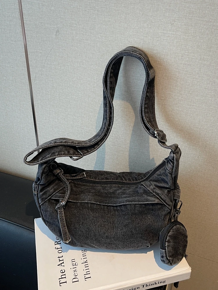 Retro Distressed Denim Crossbody Bag Women's Motorcycle Style Underarm Single Shoulder Bag Trendy Bear Lady Purse