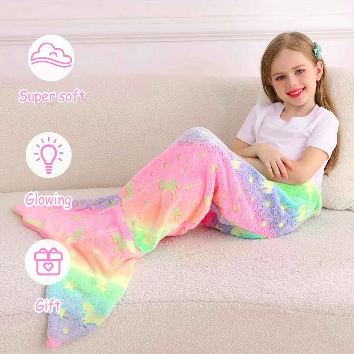 Cartoon Rainbow Unicorn Mermaid Tail Blanket Super Soft Glow in The Dark Flannel Mermaid Tail Blanket Gifts for Girls