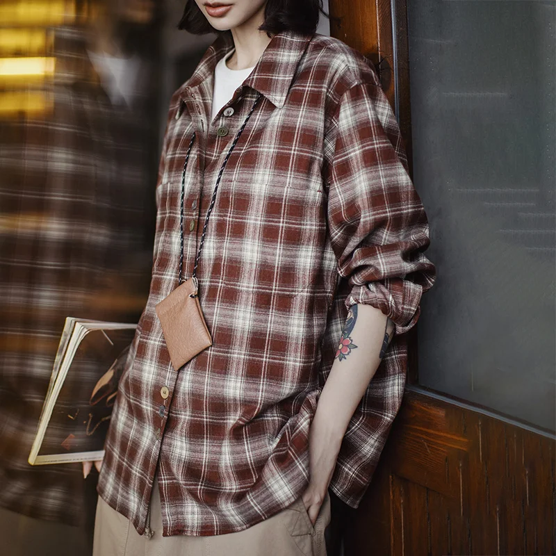 

Maden Casual Plaid Collared Neck Shirt Women's Autumn Oversized Vintage Long Sleeve Blouse Single Breasted Shirt