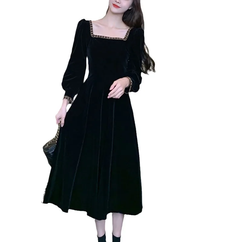 Petite Robe Noire Française à Manches Bouffantes, Jupe Longue Carrée UR, Nouvelle Collection Printemps et Automne