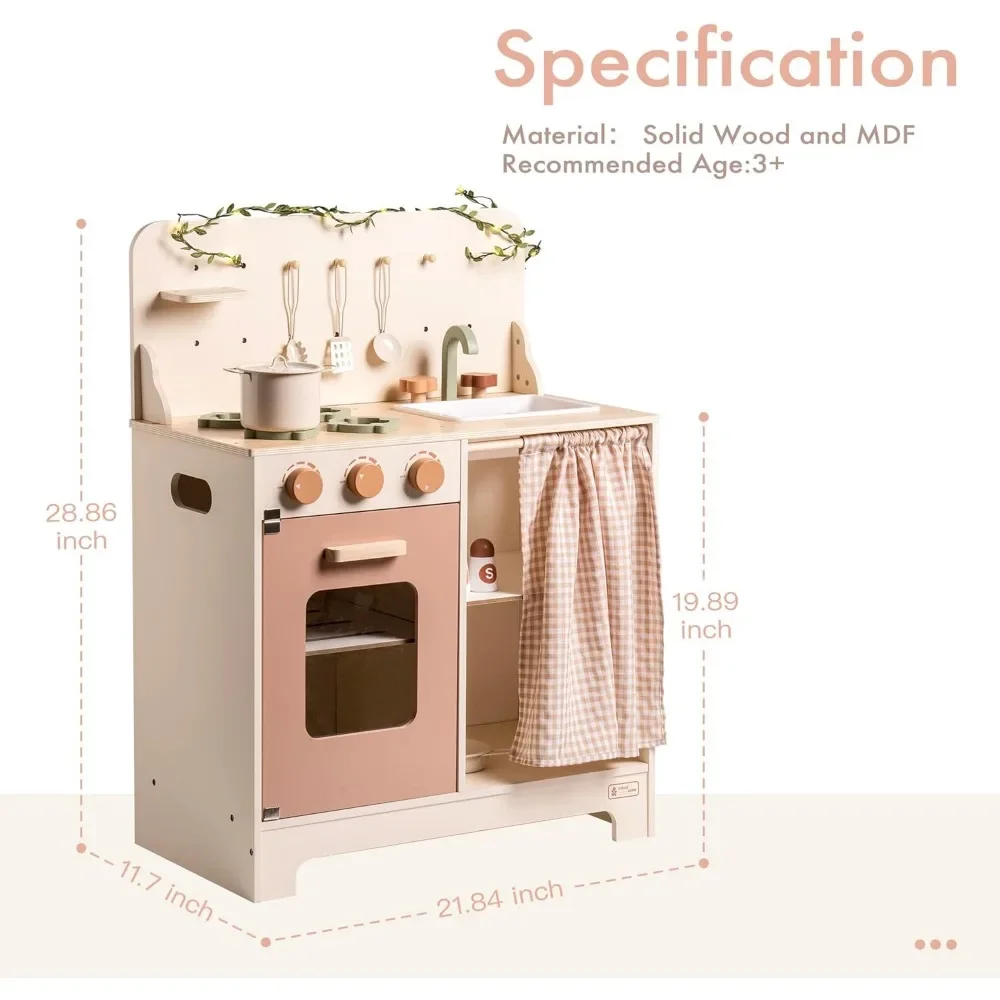 Set da cucina per bambini-Set da cucina in legno rustico, cucina finta con stringa di luce a foglia, grembiule e grovie, bambini 3 +