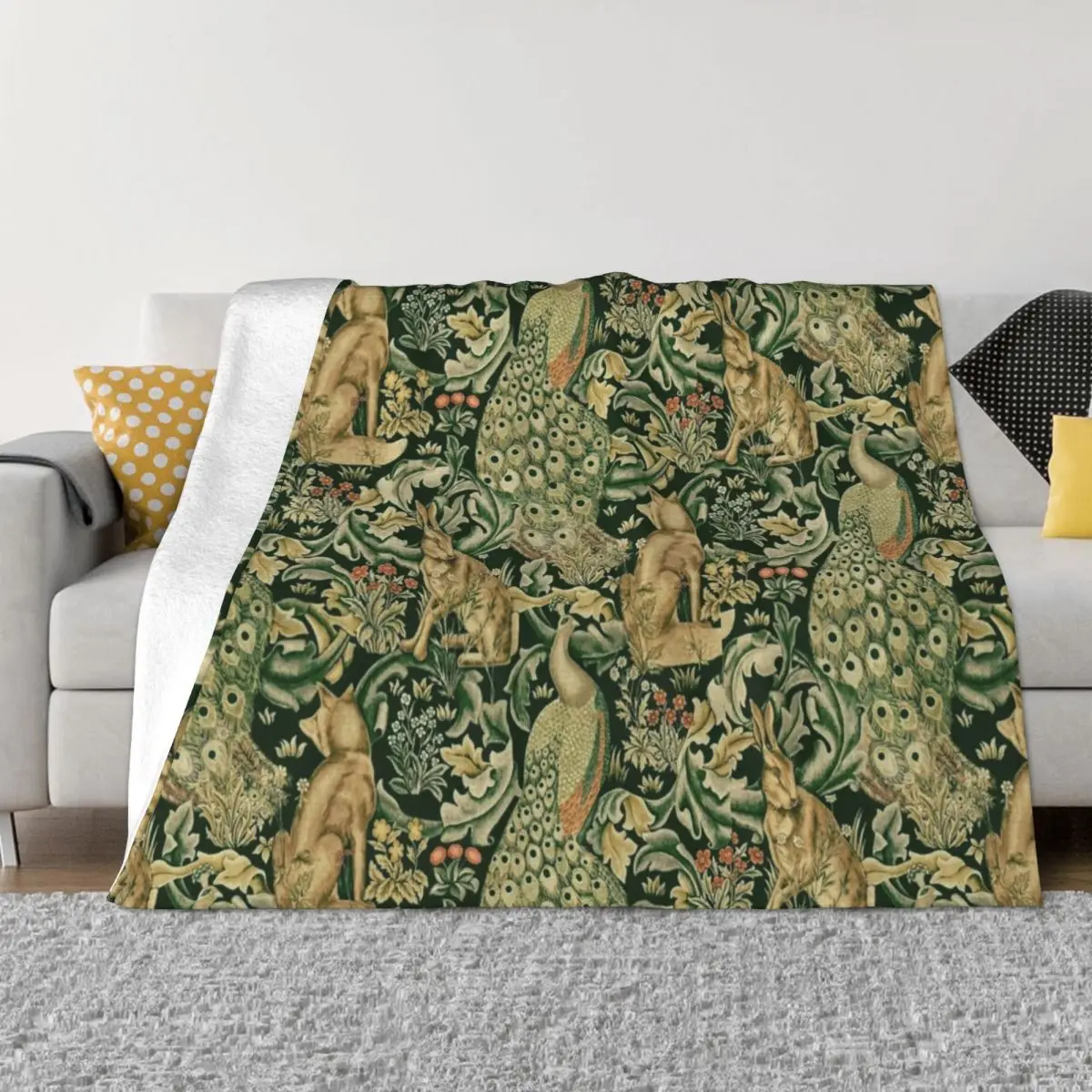 

GREEN FOREST ANIMALS ,PEACOCKS, FOX AND HARE IN GREEN LEAVES,FLORAL PATTERN Throw Blanket Blankets For Baby Loose Blanket