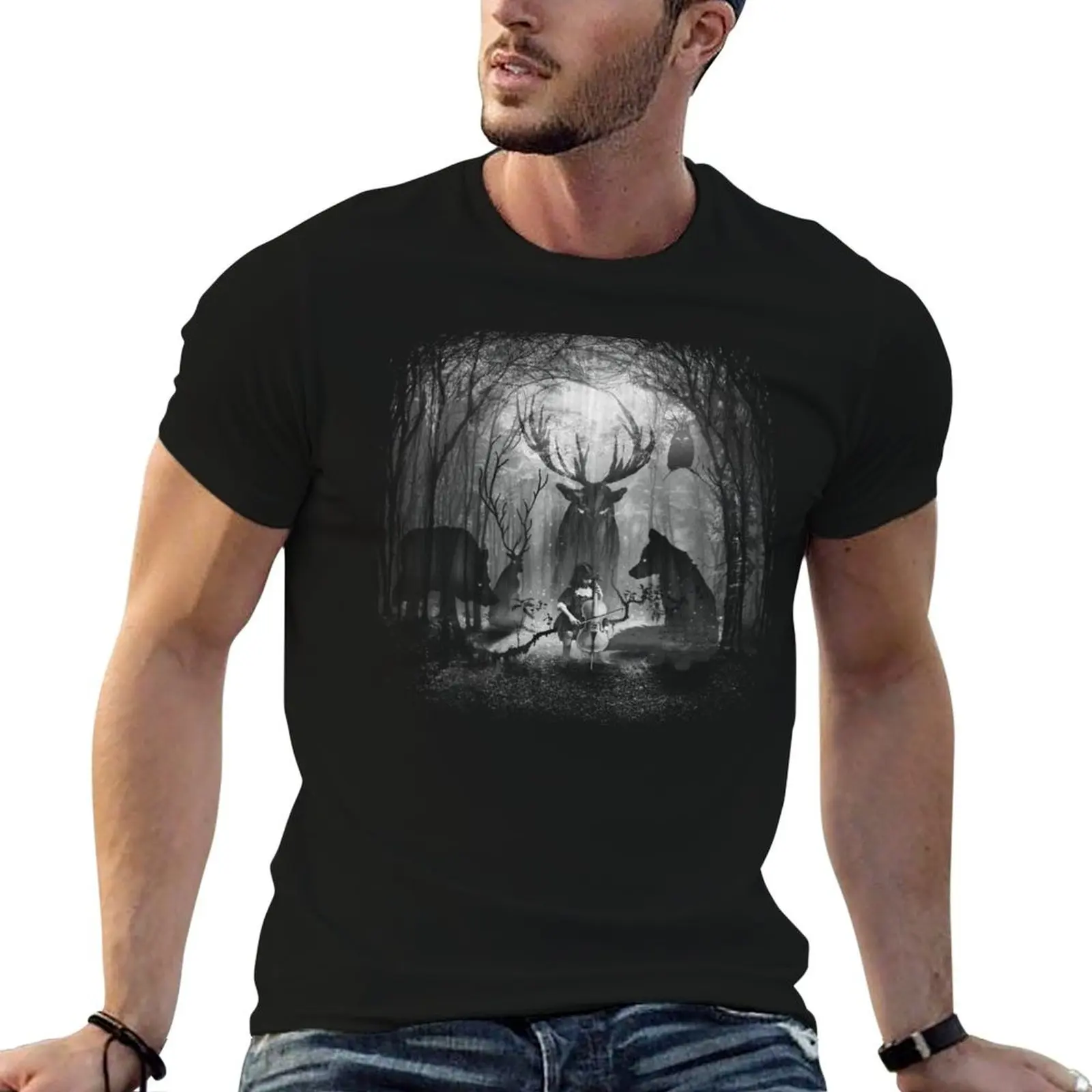 Fox Wolf Deer and Forest Cello Music T-Shirt Big and Tall Casual T-Shirt