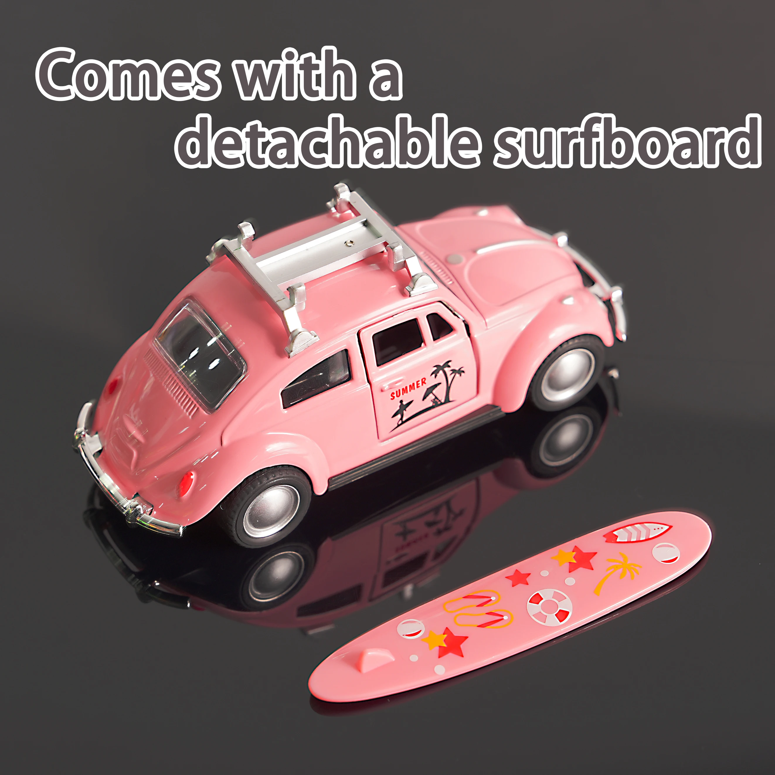 Vintage 1:32 Pink Beetle Diecast Car with Surfboard, Retro Pull-Back Model Toy, Open Doors Collectible for Kids & Car Fans
