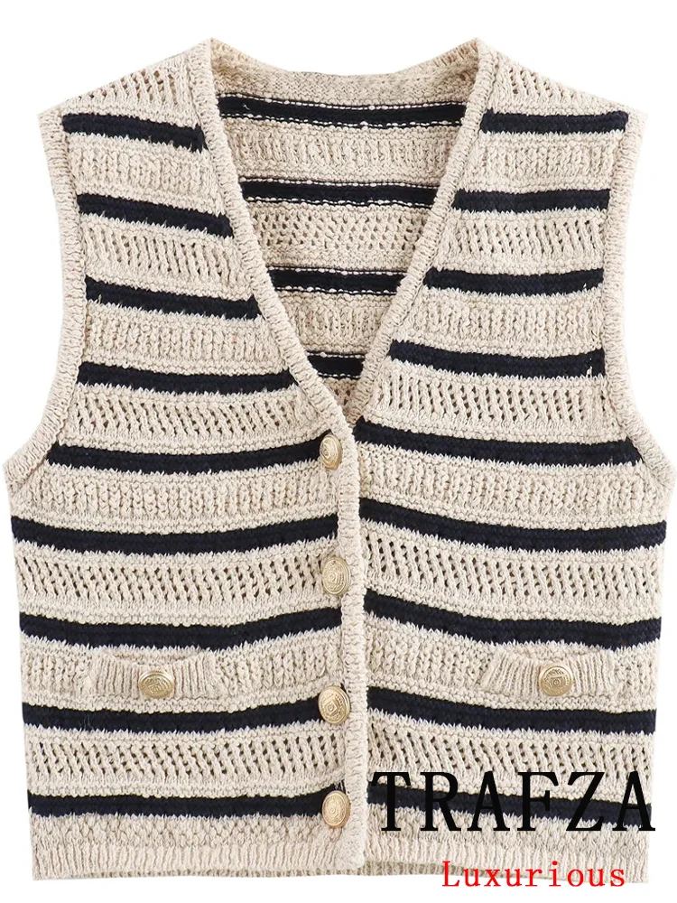 TRAFZA Vintage Chic Women Vest Striped V-Neck Sleeveless Button Knitted Short Sweaters New Fashion 2024 Autumn Female Tops