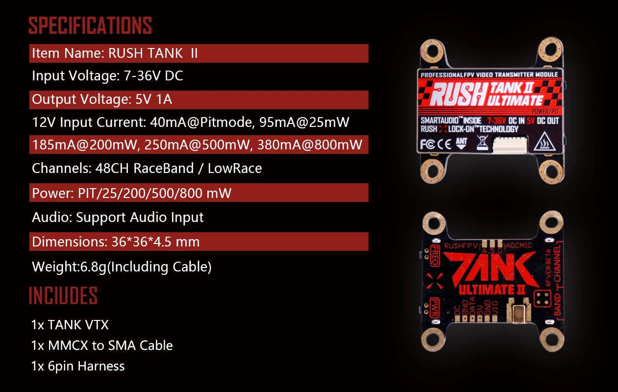 RUSH TANK II V2 5.8G 48CH Raceband PIT/25-800mW Switchable 2-8S VTX for RC FPV Racing Freestyle Nazgul5 Tyro129