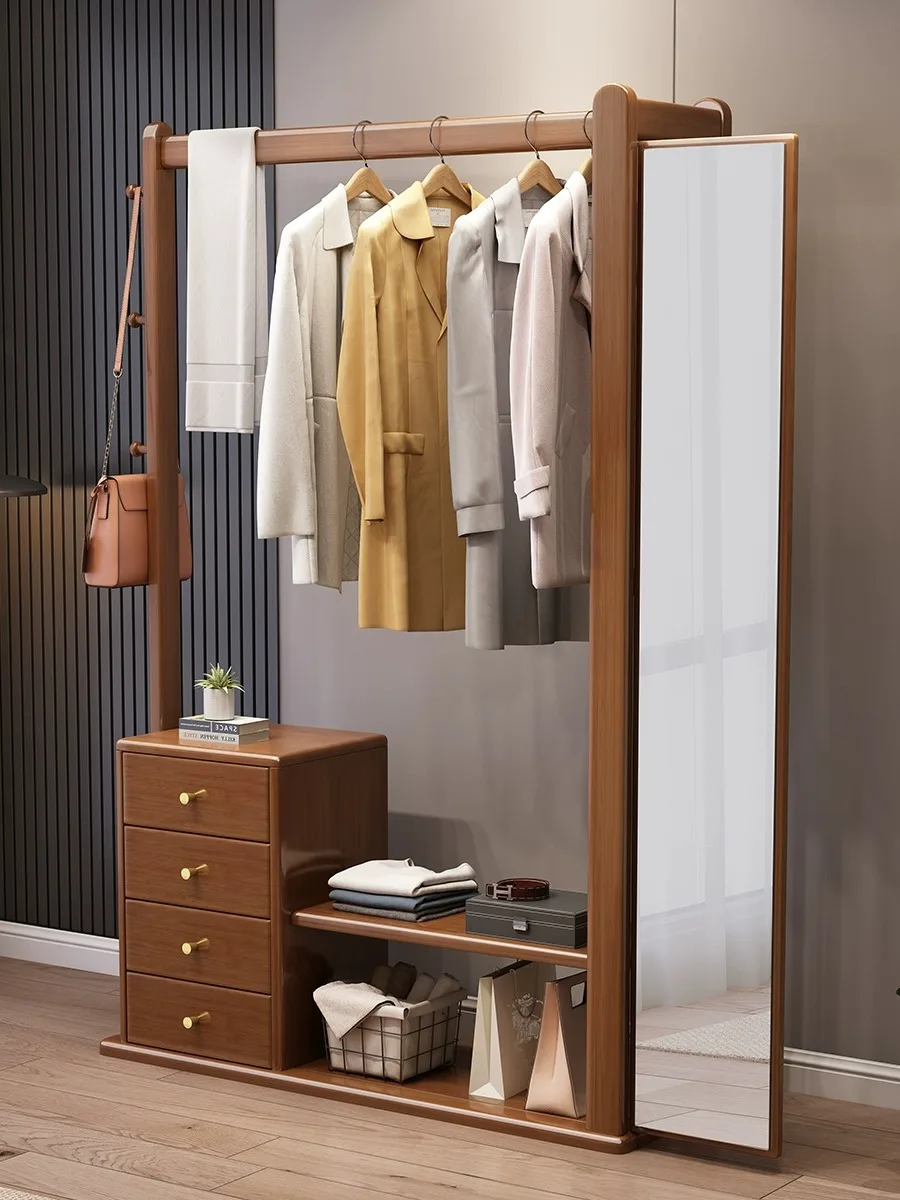 Solid Wood Hanger Floor Bedroom and Household Coat Rack Shoe Rack Integrated Entrance Multifunctional Hanger with Mirror