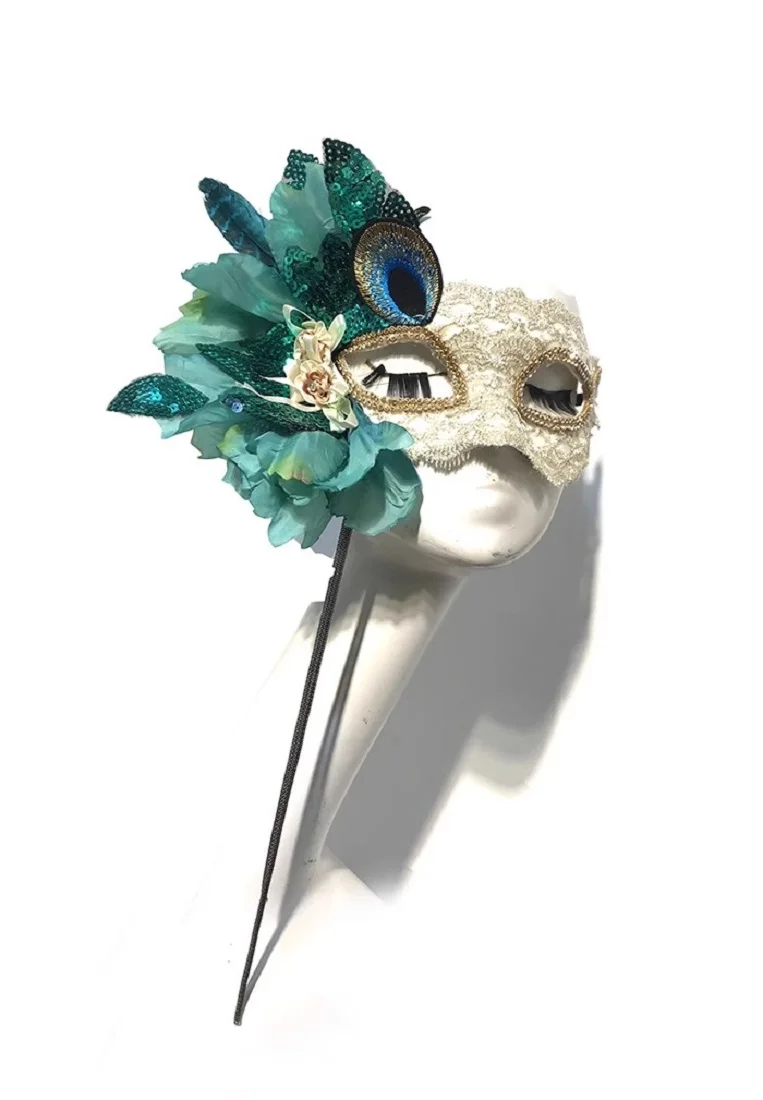 Green Gorgeous Peacock Feather Side Flower Princess Mask, Beauty Fashion Show Halloween Party Mask