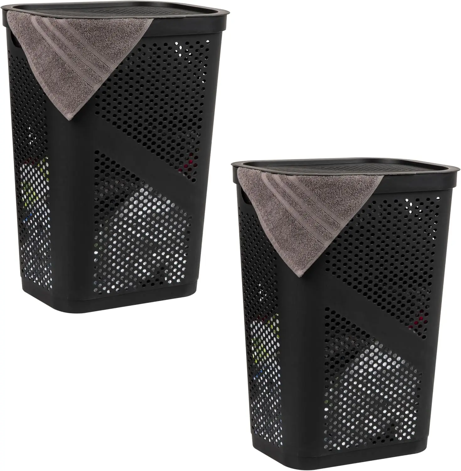 

60L Slim Laundry Hamper with Lid, Ventilated Plastic Clothes Basket Set of 2 in Black for Space-Saving Storage