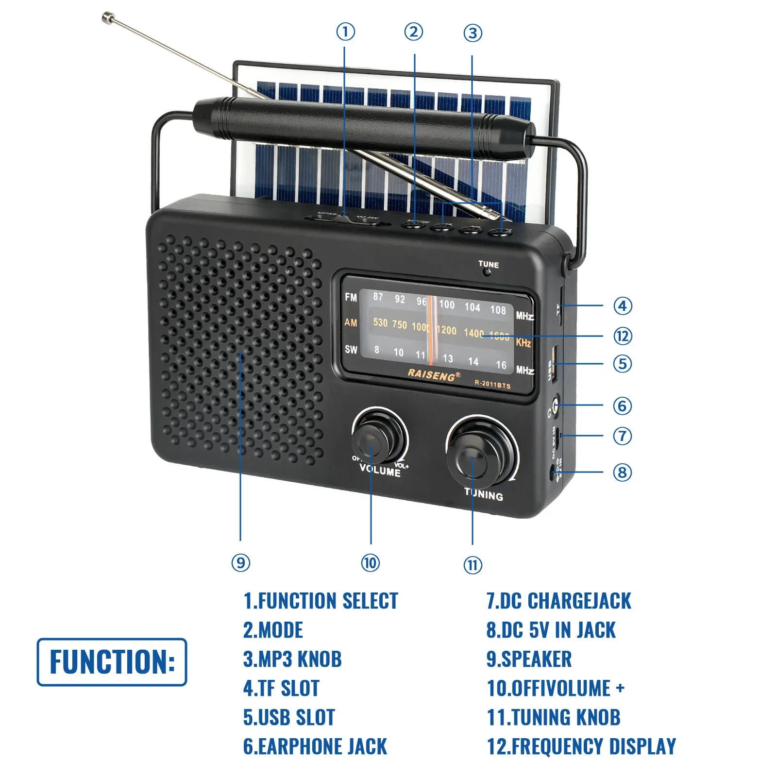 Портативное FM AM SW радио с питанием от солнечной панели, беспроводной Bluetooth-динамик, перезаряжаемая MP3-музыкальная TF-карта, разъем USB 3,5 мм