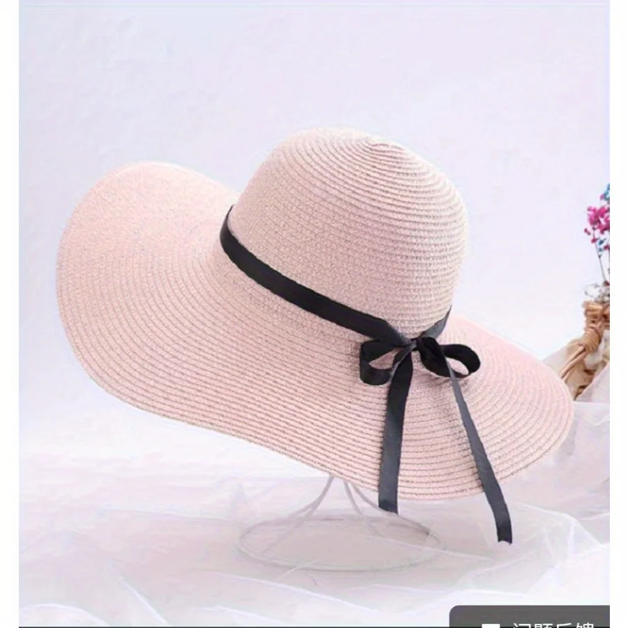 Summer Sunscreen Straw Big Brim Bow Ribbon Hat Solid Handmade Fisherman Hat Creative Dress Up Travel Beach Women Men Bucket Hat