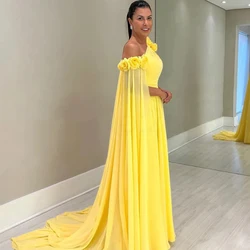 Customized Fashion Yellow Chiffon Formal Evening Dresses With Flowers Off the Shoulder Long A-Line Special Occasion Party Gown