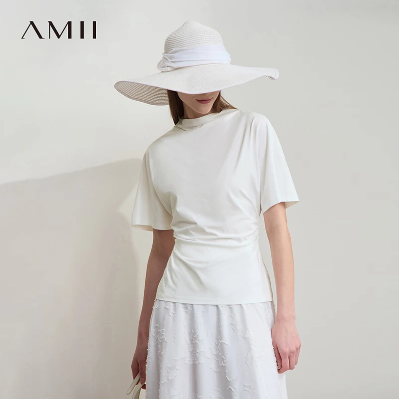 

Женская футболка Amii 2026: Новинка лета, элегантная облегающая футболка с коротким рукавом и воротником-стойкой, универсальная модель 12612022