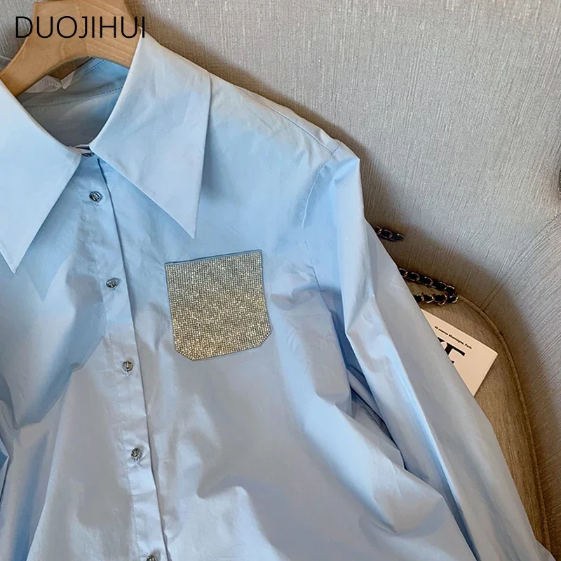 DUOJIHUI Blue Spring New Elegant Office Lady Loose Women Shirt French Chic Button Simple Casual Long Sleeve Fashion Female Shirt