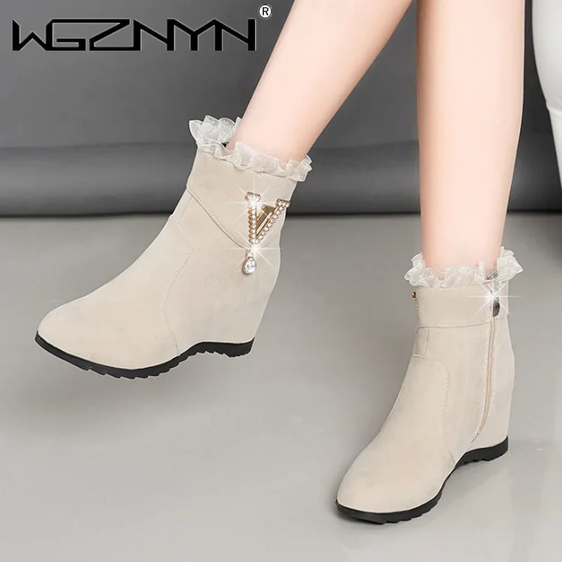 Autumn and Winter New Frosted Women Boots Mid-heel Rhinestone Women riding Boots Fur Rubber Mixed Colors Ladies Wedges Boots