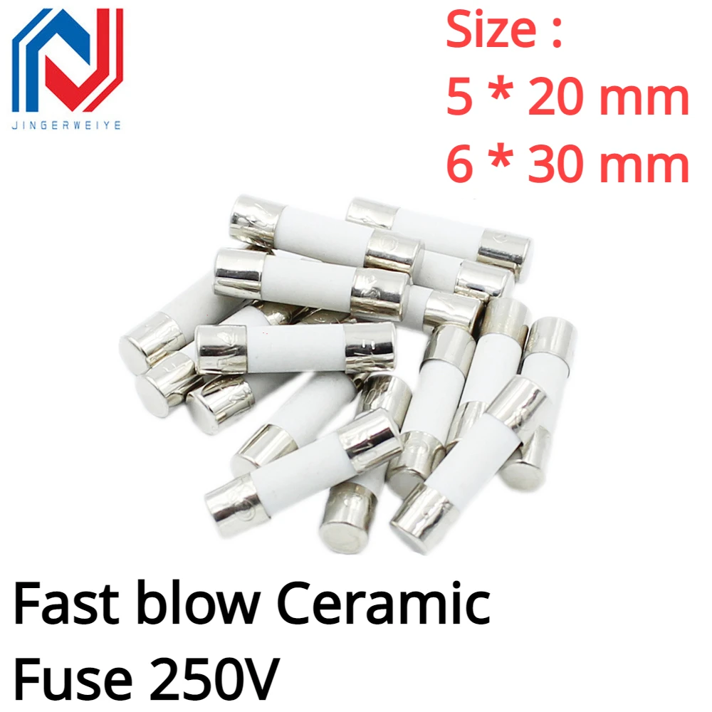 10PCS/lot 5*20MM/6*30MM  Fast blow Ceramic Fuse  250V 0.1A 0.25A 0.5A 1A 1.5A 2A 2.5A 3A 3.15A 4A 5A 6A 6.3A 8A 10A 15A 16A 20A