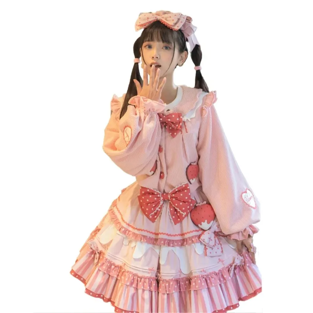 Pastoral Style Kawaii Girl Cosplay Lolita Jsk Sweet Loli Cute Strawberry Polka Dot Dress Ruffled Bow Peter Pan Collar Top Coat