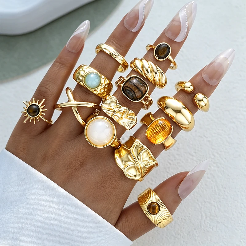 14Pcs Vintage Gold Open Ring Set for Women Sun Shaped Tiger 