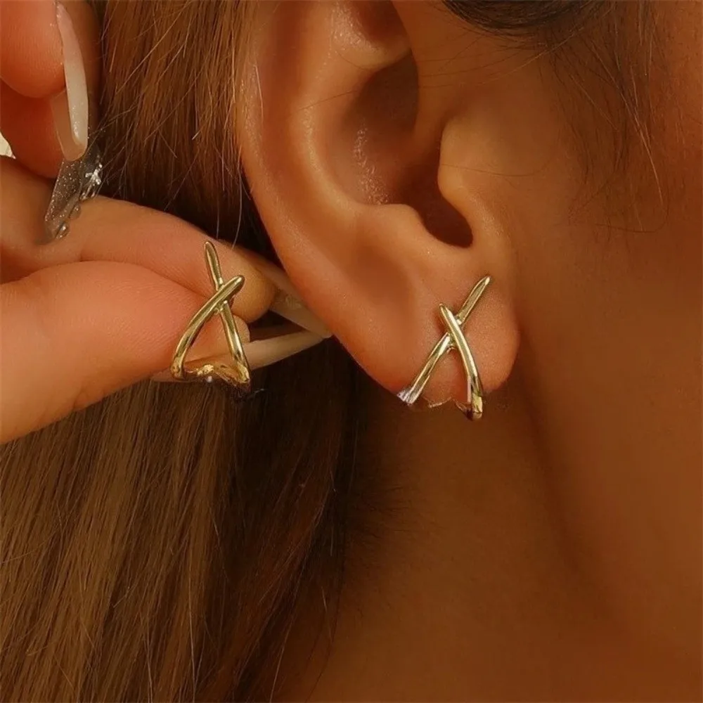 Gold Color Cross-shaped Stud Earrings Stainless Steel Anti-slip Geometric Ear Jewelry Elegant Hypoallergenic