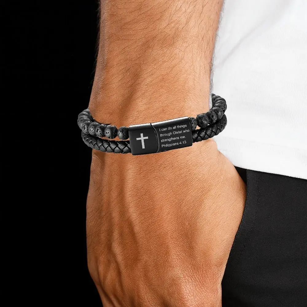 Leather Double-Row Braided Bracelet Magnetic Bible Verse Lava Rock Bead Bracelet Black Inspirational Quotes Bracelets Sons