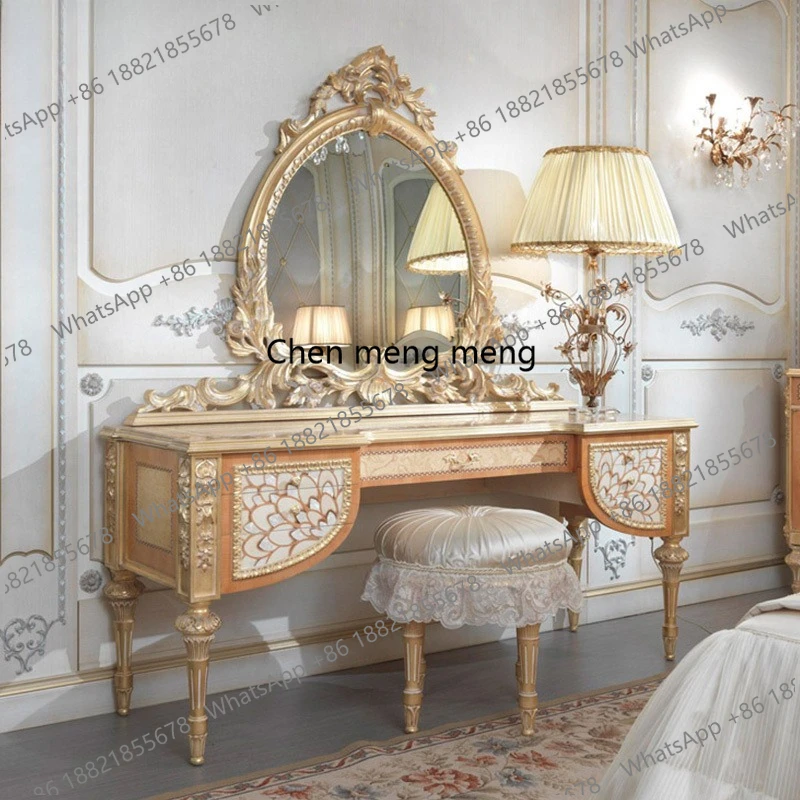 French Style Solid Wood Carved Dressing Table European Style Bedroom Gold-Embossed Makeup Table Dressing Mirror and Stool Set