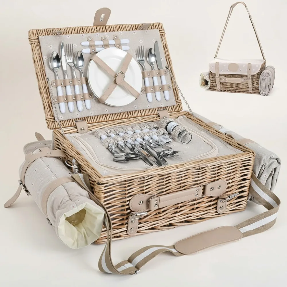 

4-Person Insulated Picnic Basket Set with Blanket & Table, Portable Outdoor Camping Gear for Couples Family