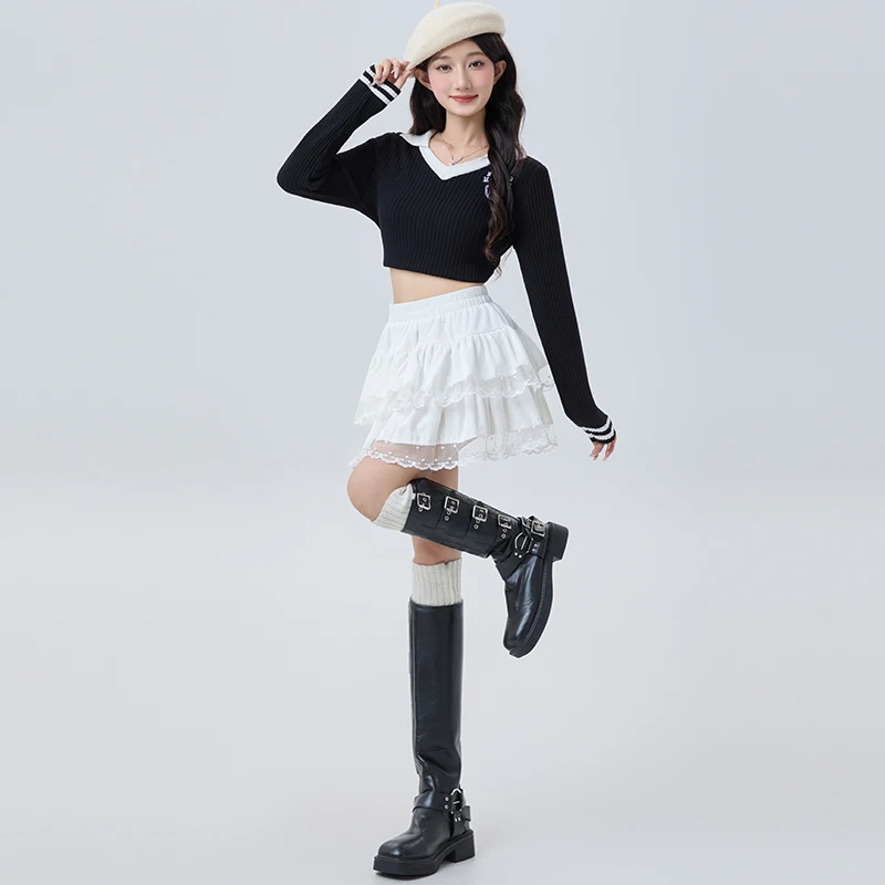 Y2K Fluwelen Taartrok Vrouwen Hoge Taille Balletstijl Kanten Rand Pluizige Korte Rok Herfst Winter Afslanken Een Lijn