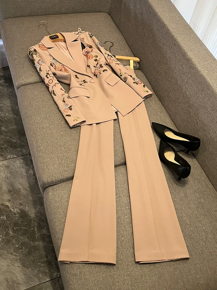 

Faionable Heavy Embellied 3D Floral Jaet And Wide Leg Pants Set Two Piece Suit AK37 New 2025 Autumn Collection