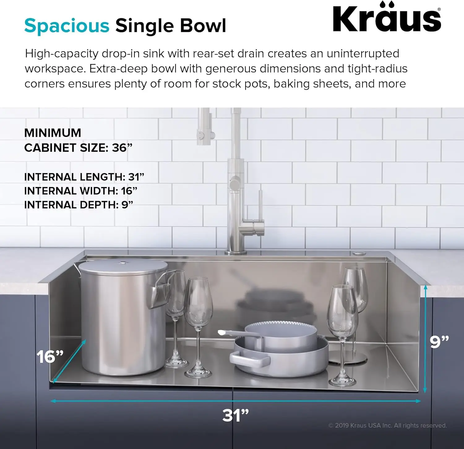 Kraus Kwt310-33/18 Korea Workstation 33-inch drop-in 18 gauge roestvrijstalen spoelbak met enkele kom, geïntegreerde richel en